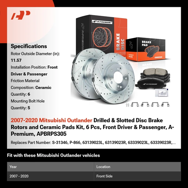 2007-2020 Mitsubishi Outlander Drilled & Slotted Disc Brake Rotors and Ceramic Pads Kit, 6 Pcs, Front Driver & Passenger, A-Premium, APBRPS305