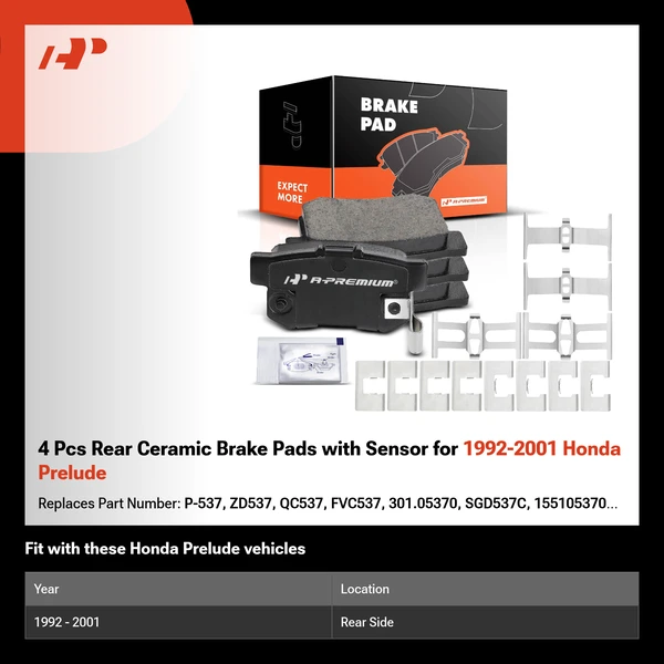4 Pcs Rear Ceramic Brake Pads with Sensor for 1992-2001 Honda Prelude