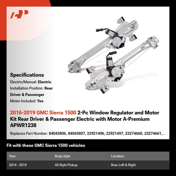 2016-2019 GMC Sierra 1500 2-Pc Window Regulator and Motor Kit Rear Driver & Passenger Electric with Motor A-Premium APWR1238