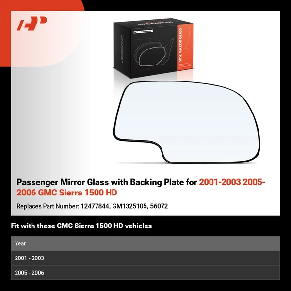 Passenger Mirror Glass with Backing Plate for 2001-2003 2005-2006 GMC Sierra 1500 HD