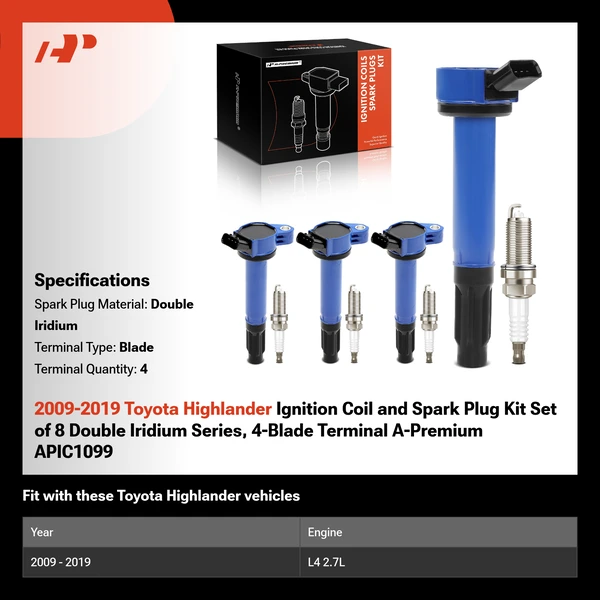 2009-2019 Toyota Highlander Ignition Coil and Spark Plug Kit Set of 8 Double Iridium Series, 4-Blade Terminal A-Premium APIC1099
