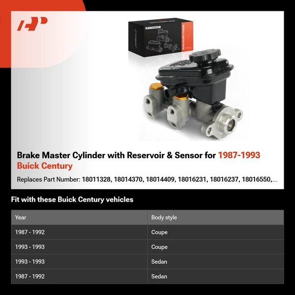 Brake Master Cylinder with Reservoir & Sensor for 1987-1993 Buick Century