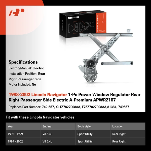 1998-2002 Lincoln Navigator 1-Pc Power Window Regulator Rear Right Passenger Side Electric A-Premium APWR2107