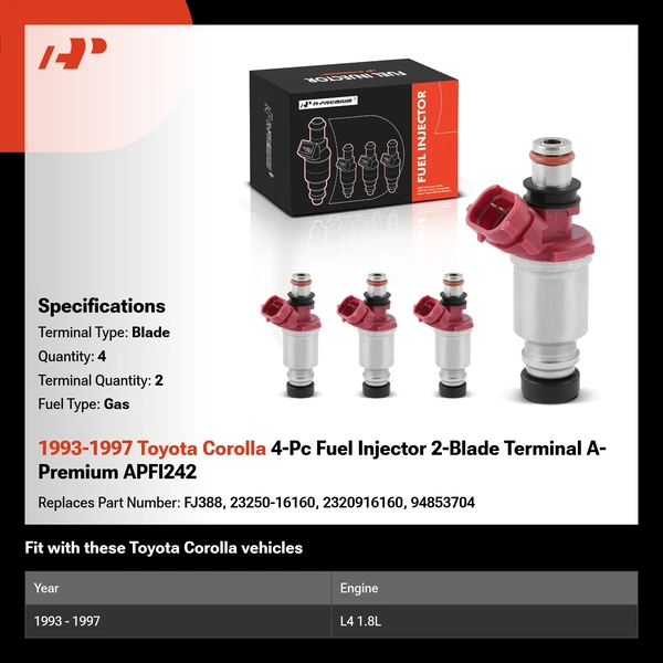 1993-1997 Toyota Corolla 4-Pc Fuel Injector 2-Blade Terminal A-Premium APFI242