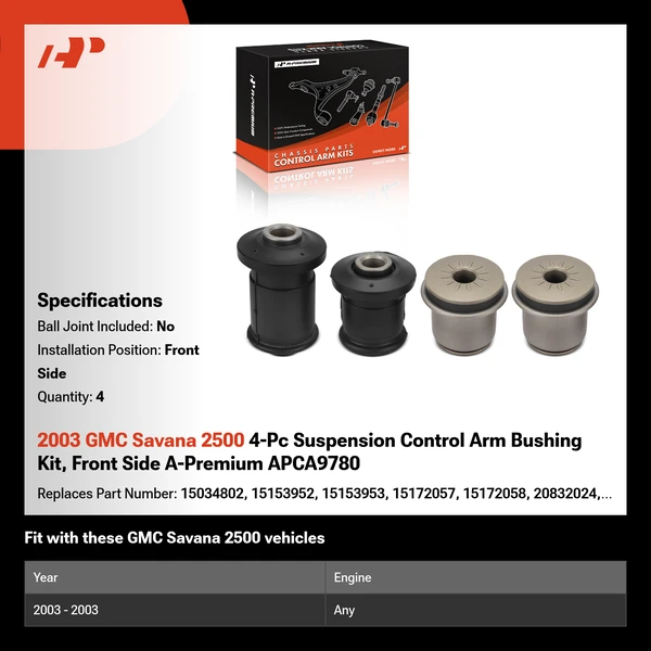 2003 GMC Savana 2500 4-Pc Suspension Control Arm Bushing Kit, Front Side A-Premium APCA9780
