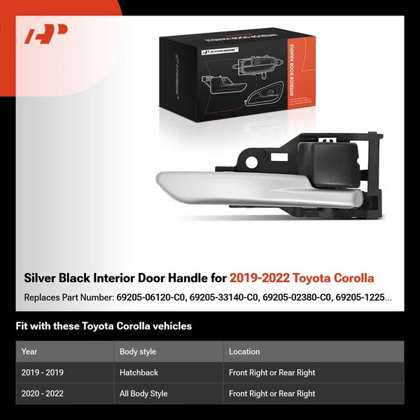 Silver Black Interior Door Handle for 2019-2022 Toyota Corolla