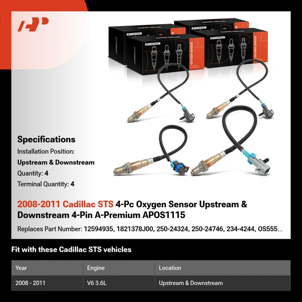2008-2011 Cadillac STS 4-Pc Oxygen Sensor Upstream & Downstream 4-Pin A-Premium APOS1115