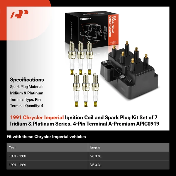 1991 Chrysler Imperial Ignition Coil and Spark Plug Kit Set of 7 Iridium & Platinum Series, 4-Pin Terminal A-Premium APIC0919