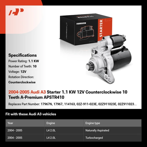 2004-2005 Audi A3 Starter 1.1 KW 12V Counterclockwise 10 Teeth A-Premium APSTR410