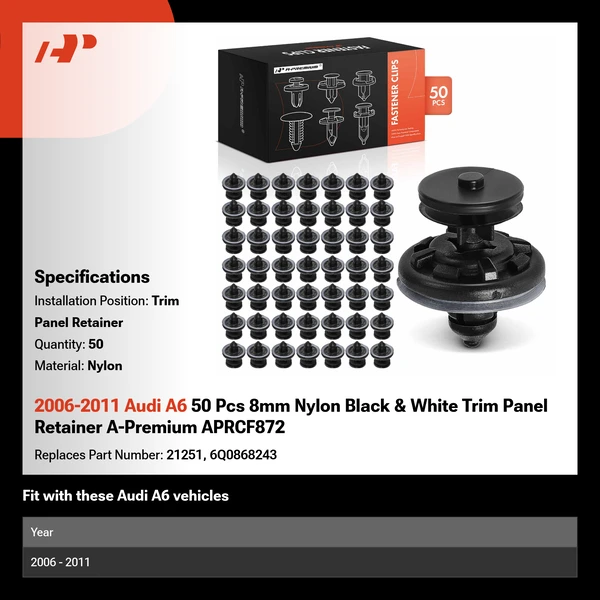2006-2011 Audi A6 50 Pcs 8mm Nylon Black & White Trim Panel Retainer A-Premium APRCF872