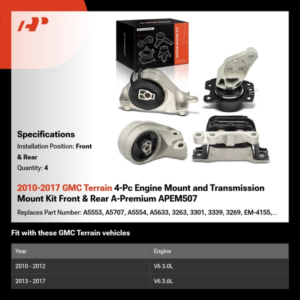 2010-2017 GMC Terrain 4-Pc Engine Mount and Transmission Mount Kit Front & Rear A-Premium APEM507