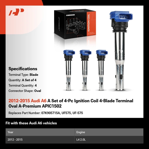 2012-2015 Audi A6 A Set of 4-Pc Ignition Coil 4-Blade Terminal Oval A-Premium APIC1502