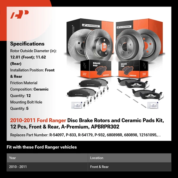 2010-2011 Ford Ranger Disc Brake Rotors and Ceramic Pads Kit, 12 Pcs, Front & Rear, A-Premium, APBRPR302