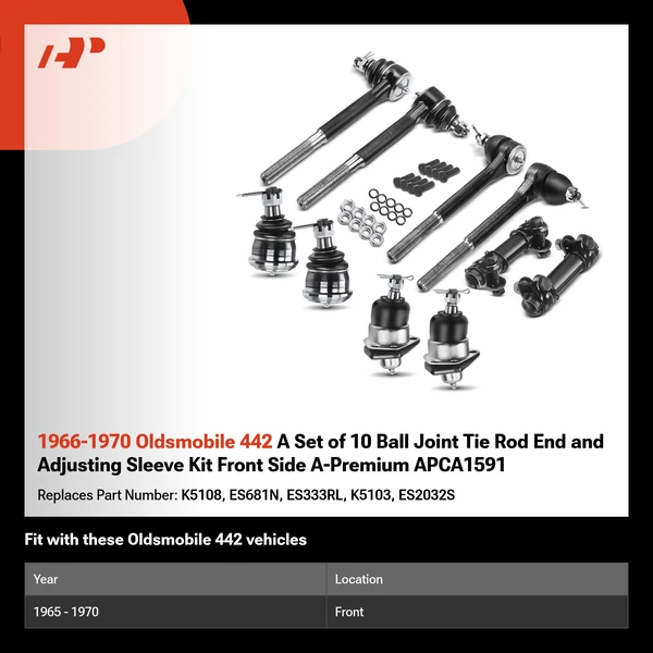 1966-1970 Oldsmobile 442 A Set of 10 Ball Joint Tie Rod End and Adjusting Sleeve Kit Front Side A-Premium APCA1591
