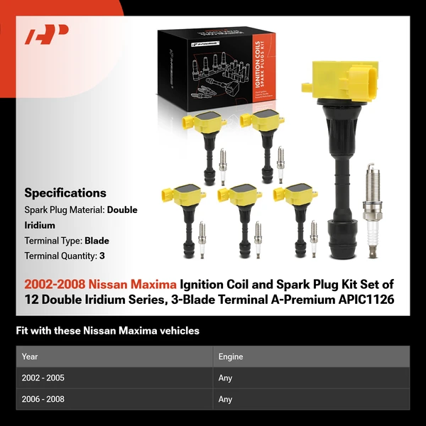 2002-2008 Nissan Maxima Ignition Coil and Spark Plug Kit Set of 12 Double Iridium Series, 3-Blade Terminal A-Premium APIC1126