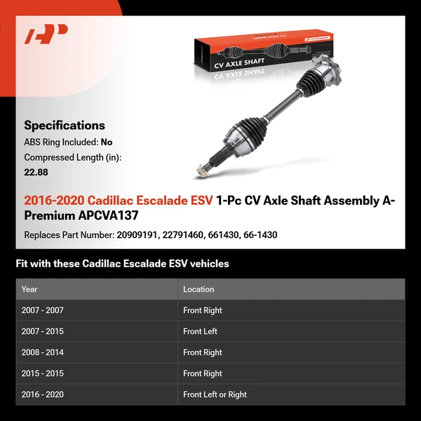 2016-2020 Cadillac Escalade ESV 1-Pc CV Axle Shaft Assembly A-Premium APCVA137