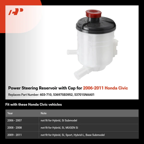 Power Steering Reservoir with Cap for 2006-2011 Honda Civic