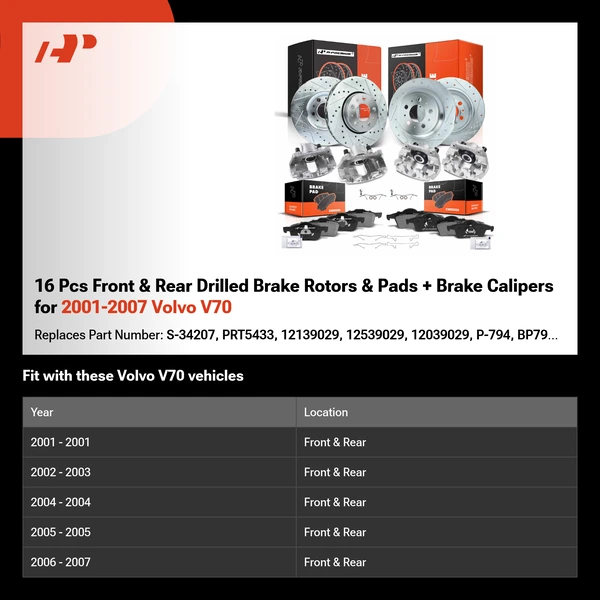 16 Pcs Front & Rear Drilled Brake Rotors & Pads + Brake Calipers for 2001-2007 Volvo V70