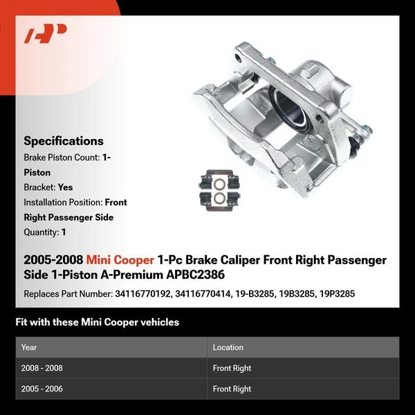 2005-2008 Mini Cooper 1-Pc Brake Caliper Front Right Passenger Side 1-Piston A-Premium APBC2386
