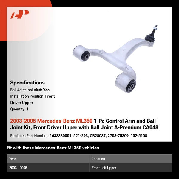 2003-2005 Mercedes-Benz ML350 1-Pc Control Arm and Ball Joint Kit, Front Driver Upper with Ball Joint A-Premium CA048