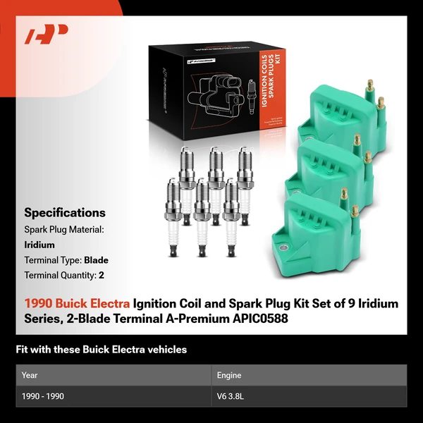 1990 Buick Electra Ignition Coil and Spark Plug Kit Set of 9 Iridium Series, 2-Blade Terminal A-Premium APIC0588