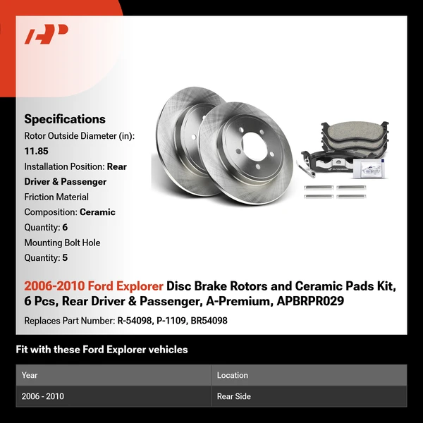 2006-2010 Ford Explorer Disc Brake Rotors and Ceramic Pads Kit, 6 Pcs, Rear Driver & Passenger, A-Premium, APBRPR029