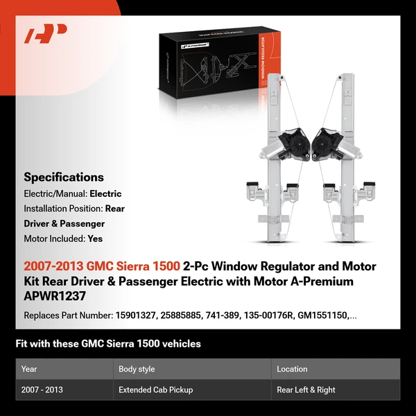 2007-2013 GMC Sierra 1500 2-Pc Window Regulator and Motor Kit Rear Driver & Passenger Electric with Motor A-Premium APWR1237
