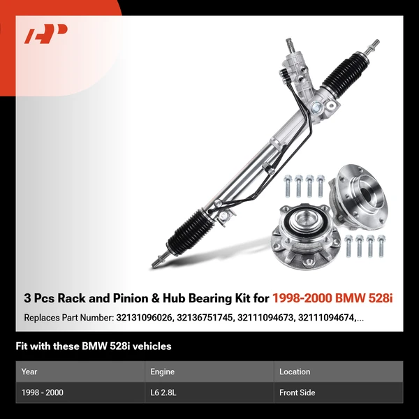 3 Pcs Rack and Pinion & Hub Bearing Kit for 1998-2000 BMW 528i
