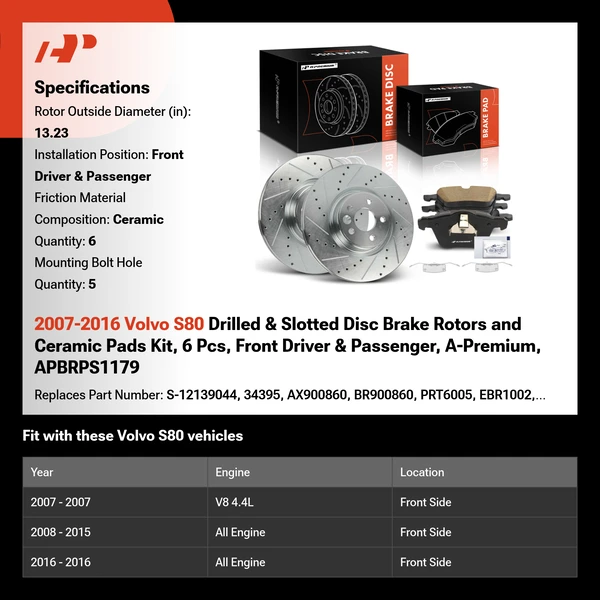 2007-2016 Volvo S80 Drilled & Slotted Disc Brake Rotors and Ceramic Pads Kit, 6 Pcs, Front Driver & Passenger, A-Premium, APBRPS1179