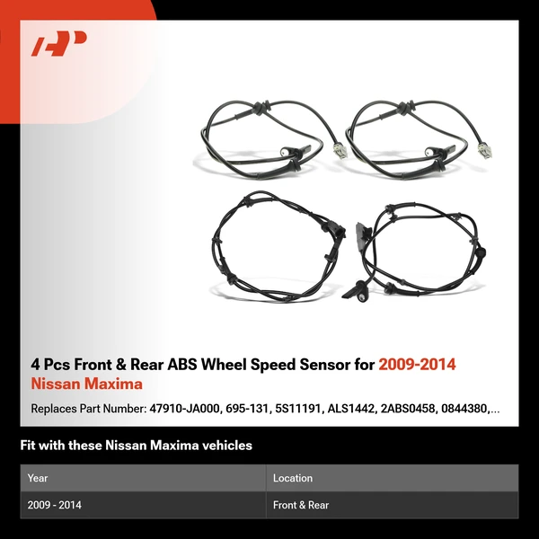 4 Pcs Front & Rear ABS Wheel Speed Sensor for 2009-2014 Nissan Maxima
