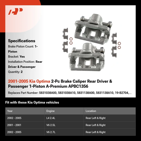 2001-2005 Kia Optima 2-Pc Brake Caliper Rear Driver & Passenger 1-Piston A-Premium APBC1356