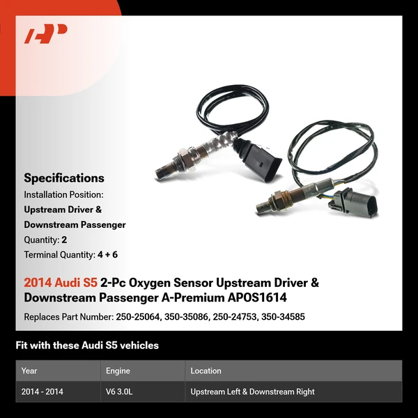 2014 Audi S5 2-Pc Oxygen Sensor Upstream Driver & Downstream Passenger A-Premium APOS1614