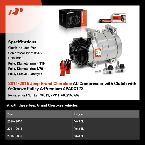 2011-2016 Jeep Grand Cherokee AC Compressor with Clutch with 6-Groove Pulley A-Premium APACC172
