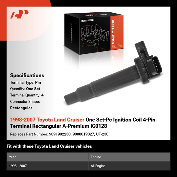 1998-2007 Toyota Land Cruiser One Set-Pc Ignition Coil 4-Pin Terminal Rectangular A-Premium IC0128