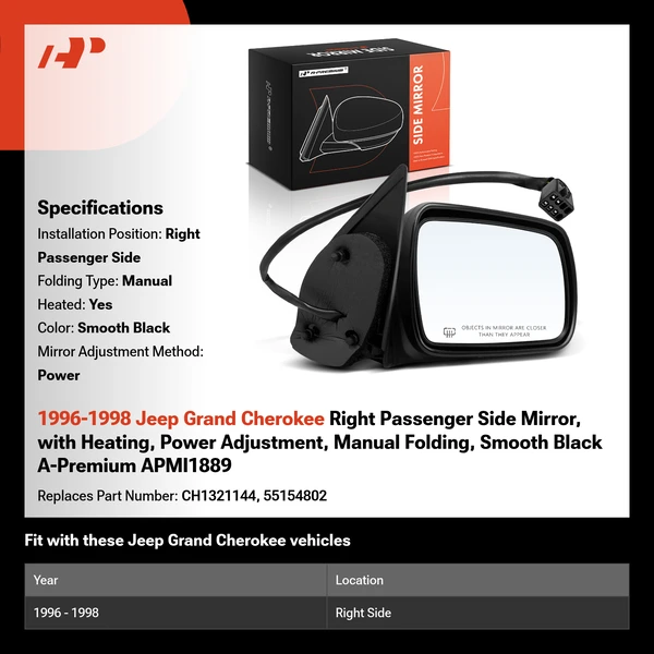 1996-1998 Jeep Grand Cherokee Right Passenger Side Mirror, with Heating, Power Adjustment, Manual Folding, Smooth Black A-Premium APMI1889