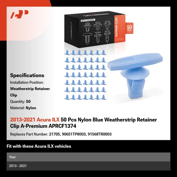 2013-2021 Acura ILX 50 Pcs Nylon Blue Weatherstrip Retainer Clip A-Premium APRCF1374
