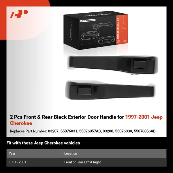 2 Pcs Front & Rear Black Exterior Door Handle for 1997-2001 Jeep Cherokee