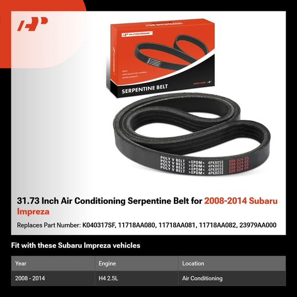 31.73 Inch Air Conditioning Serpentine Belt for 2008-2014 Subaru Impreza