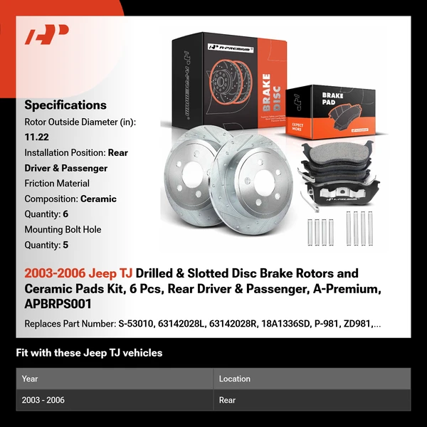 2003-2006 Jeep TJ Drilled & Slotted Disc Brake Rotors and Ceramic Pads Kit, 6 Pcs, Rear Driver & Passenger, A-Premium, APBRPS001