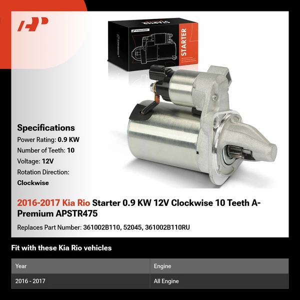 2016-2017 Kia Rio Starter 0.9 KW 12V Clockwise 10 Teeth A-Premium APSTR475