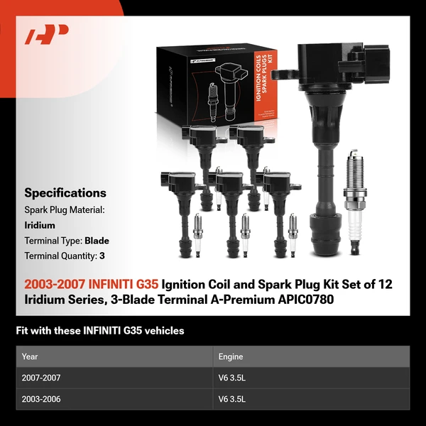 2003-2007 INFINITI G35 Ignition Coil and Spark Plug Kit Set of 12 Iridium Series, 3-Blade Terminal A-Premium APIC0780