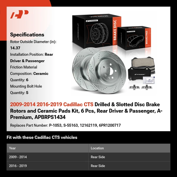 2009-2014 2016-2019 Cadillac CTS Drilled & Slotted Disc Brake Rotors and Ceramic Pads Kit, 6 Pcs, Rear Driver & Passenger, A-Premium, APBRPS1434