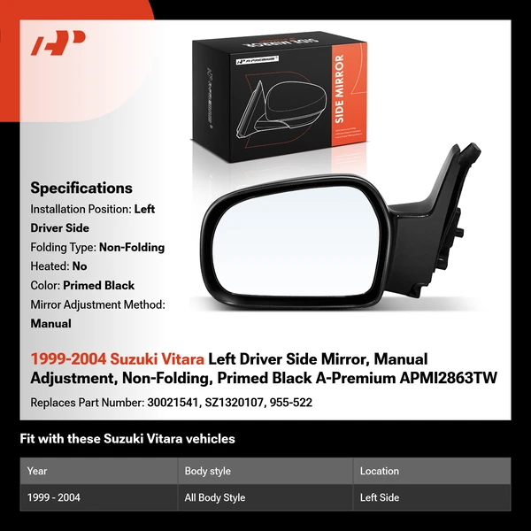 1999-2004 Suzuki Vitara Left Driver Side Mirror, Manual Adjustment, Non-Folding, Primed Black A-Premium APMI2863TW