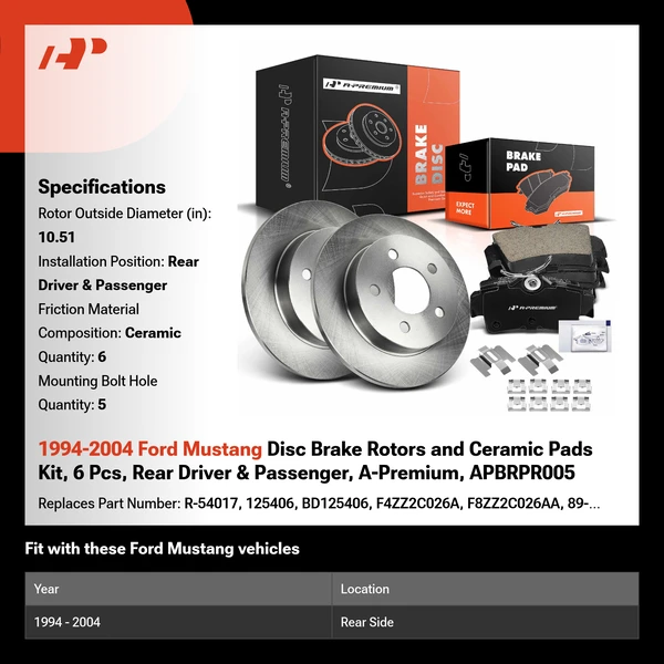 1994-2004 Ford Mustang Disc Brake Rotors and Ceramic Pads Kit, 6 Pcs, Rear Driver & Passenger, A-Premium, APBRPR005