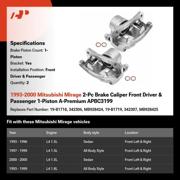 1993-2000 Mitsubishi Mirage 2-Pc Brake Caliper Front Driver & Passenger 1-Piston A-Premium APBC3199