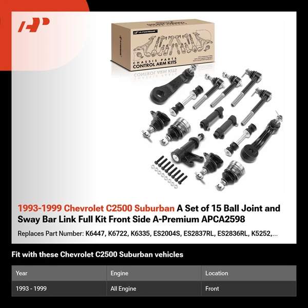 1993-1999 Chevrolet C2500 Suburban A Set of 15 Ball Joint and Sway Bar Link Full Kit Front Side A-Premium APCA2598