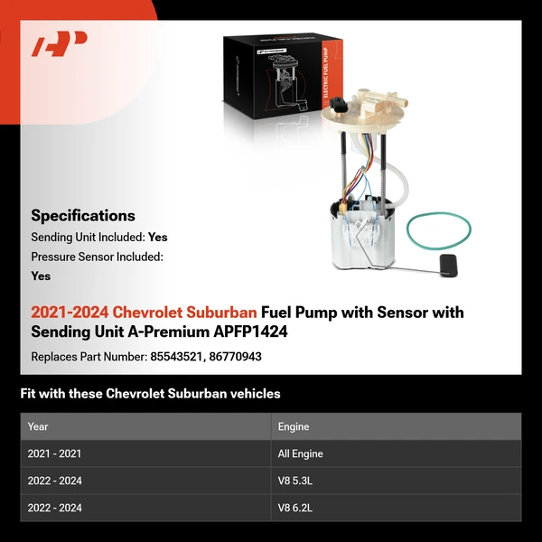 2021-2024 Chevrolet Suburban Fuel Pump with Sensor with Sending Unit A-Premium APFP1424