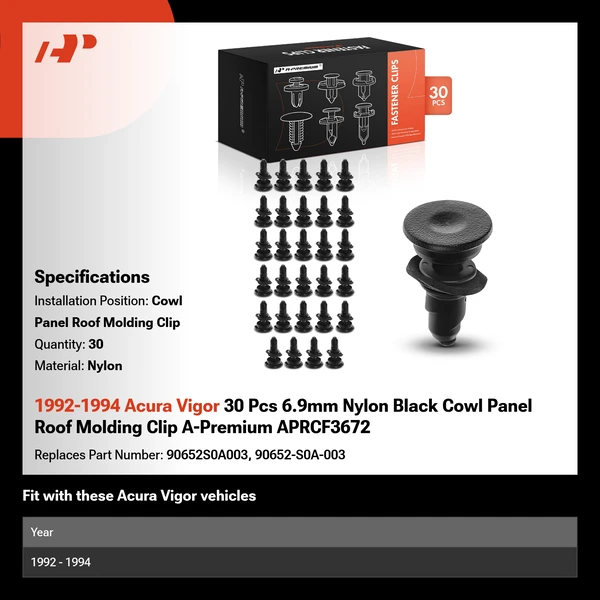 1992-1994 Acura Vigor 30 Pcs 6.9mm Nylon Black Cowl Panel Roof Molding Clip A-Premium APRCF3672