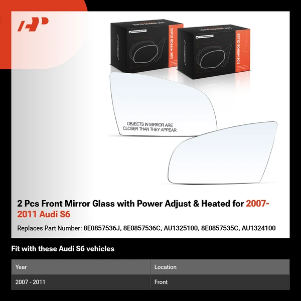 2 Pcs Front Mirror Glass with Power Adjust & Heated for 2007-2011 Audi S6