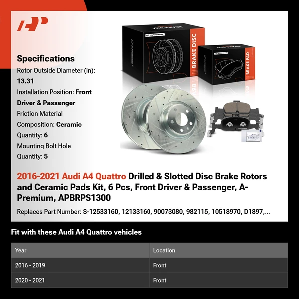 2016-2021 Audi A4 Quattro Drilled & Slotted Disc Brake Rotors and Ceramic Pads Kit, 6 Pcs, Front Driver & Passenger, A-Premium, APBRPS1300